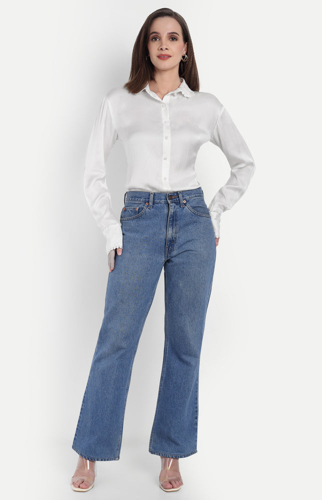 Pearl Embellished Satin Casual Shirt