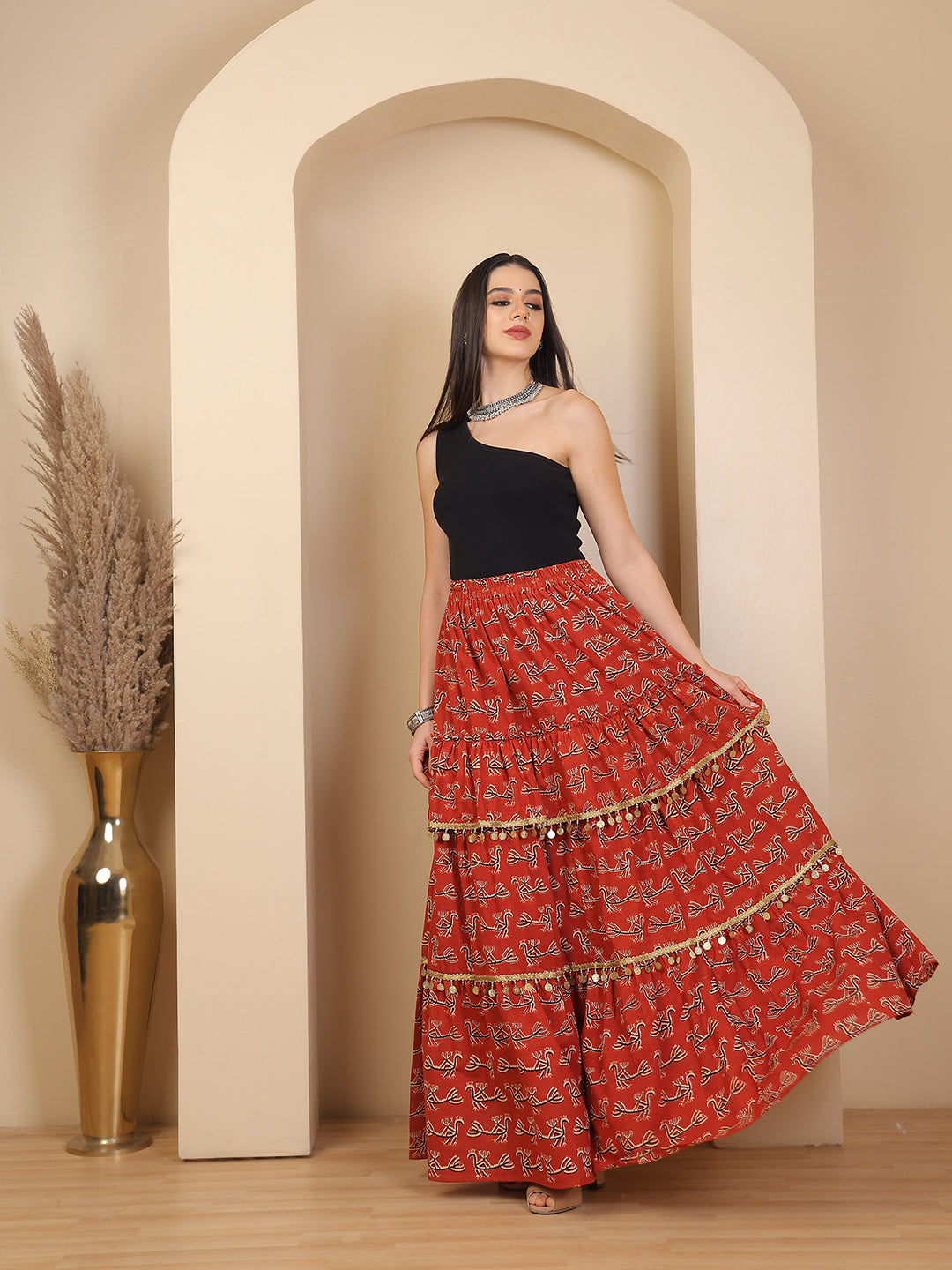 Rust Ruffle Tiered Bagru Print Skirt