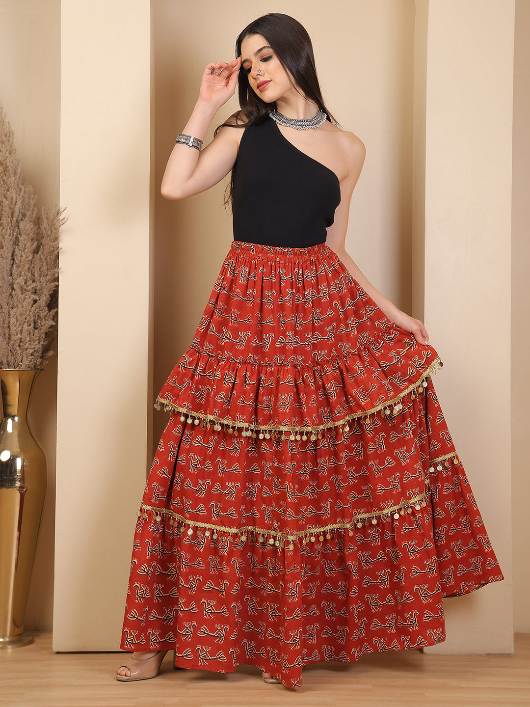 Rust Ruffle Tiered Bagru Print Skirt