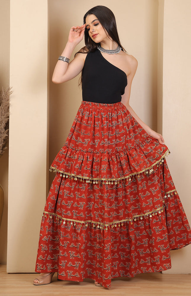 Rust Ruffle Tiered Bagru Print Skirt