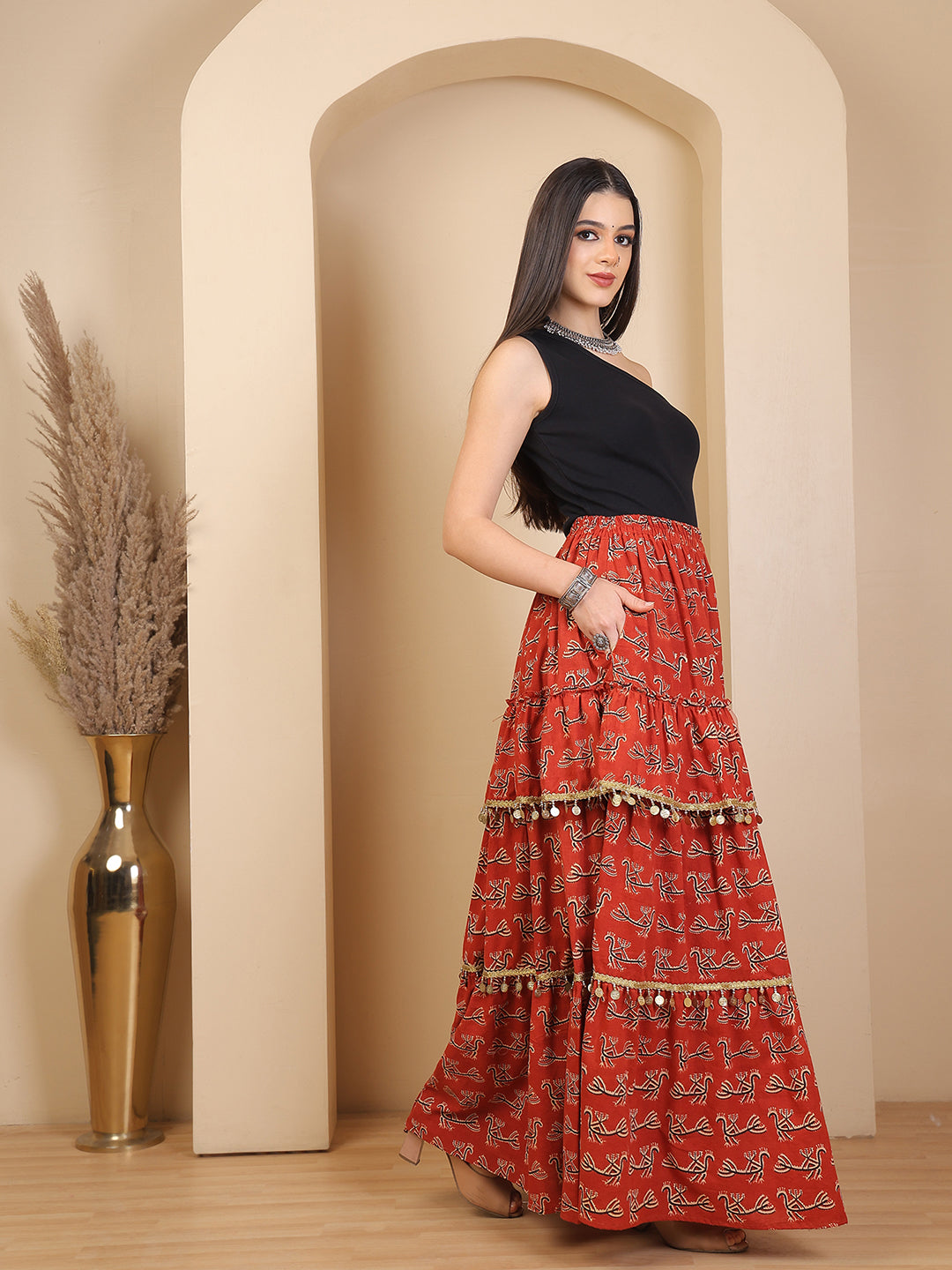 Rust Ruffle Tiered Bagru Print Skirt