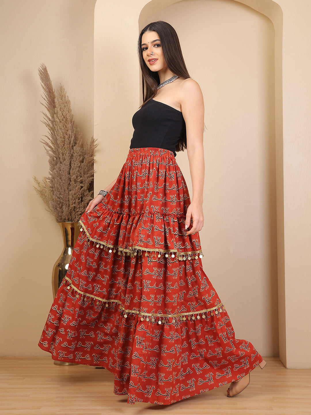 Rust Ruffle Tiered Bagru Print Skirt