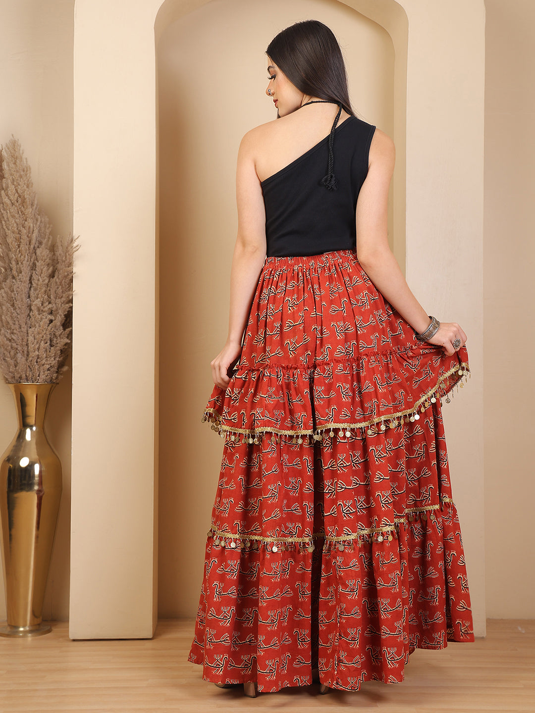 Rust Ruffle Tiered Bagru Print Skirt