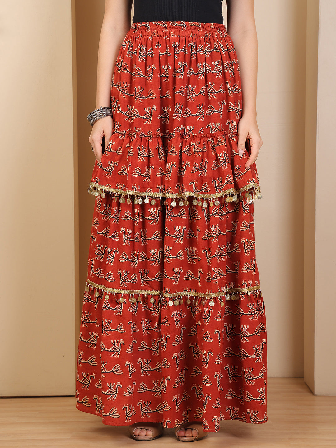 Rust Ruffle Tiered Bagru Print Skirt