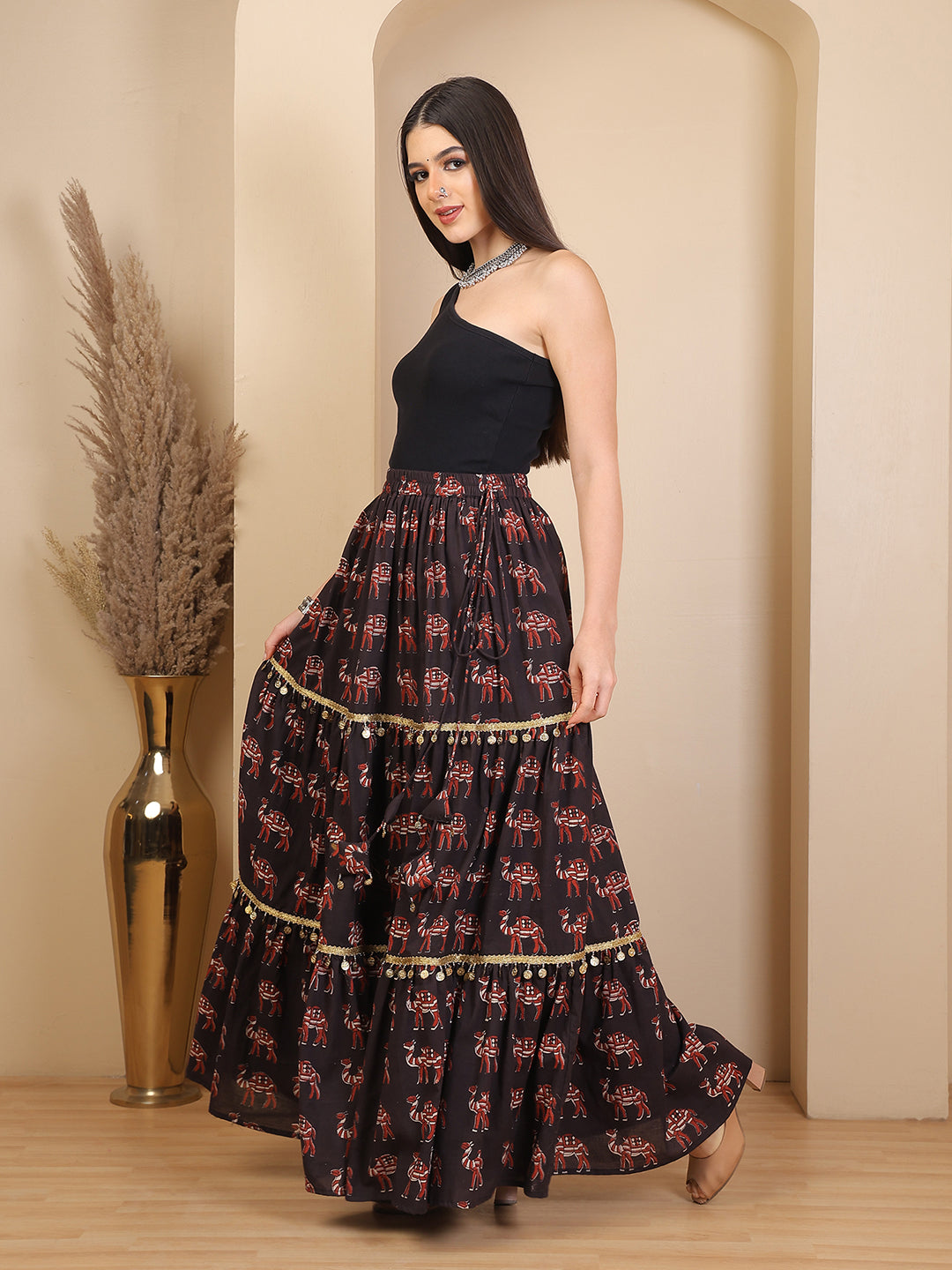 Bagru Folk Flare Black Skirt