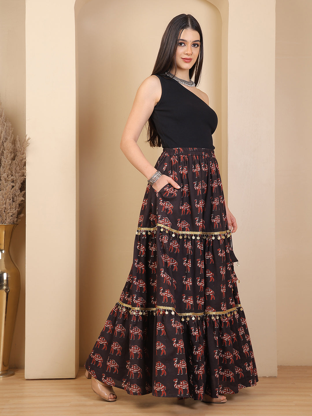 Bagru Folk Flare Black Skirt