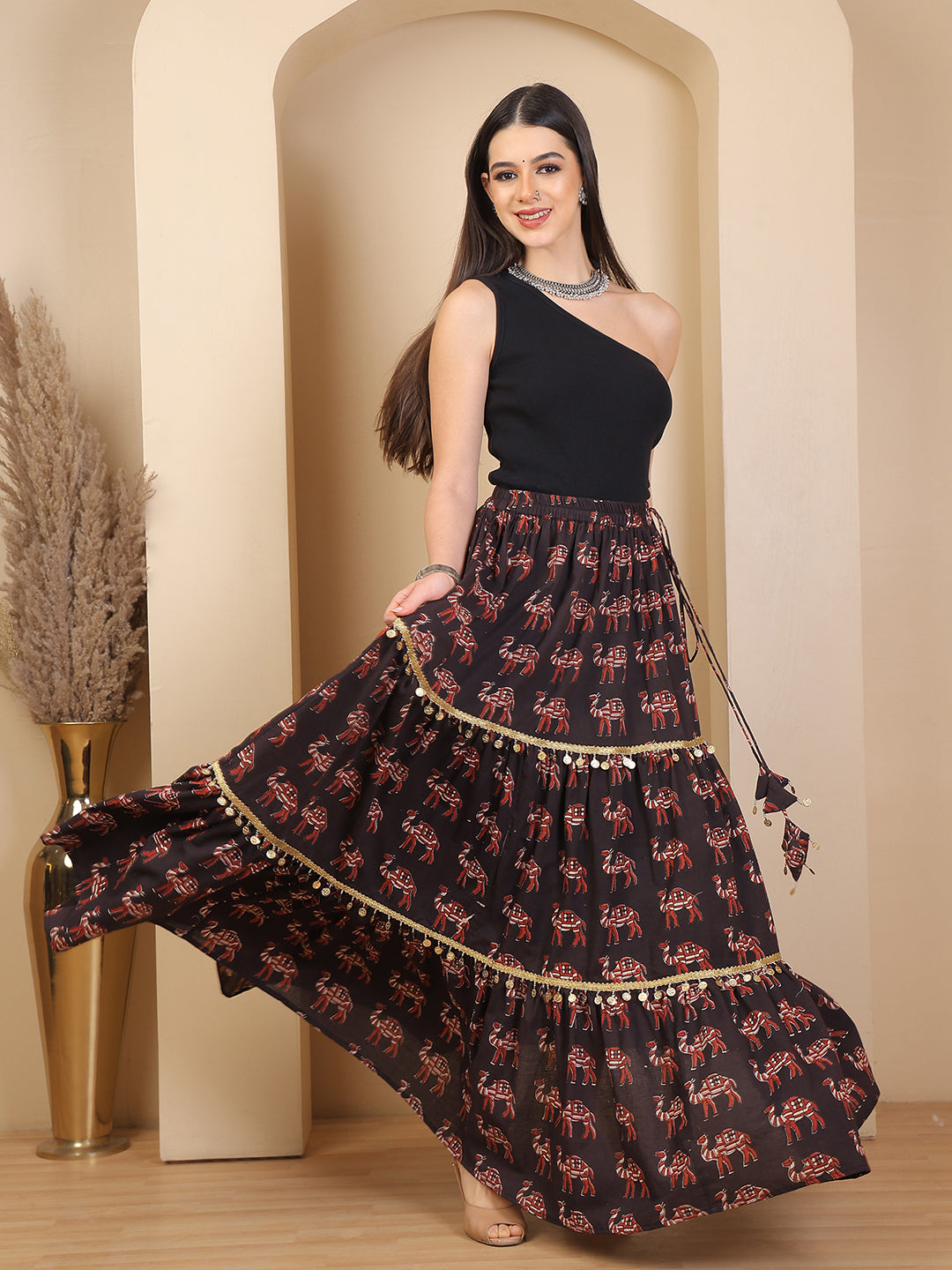 Bagru Folk Flare Black Skirt