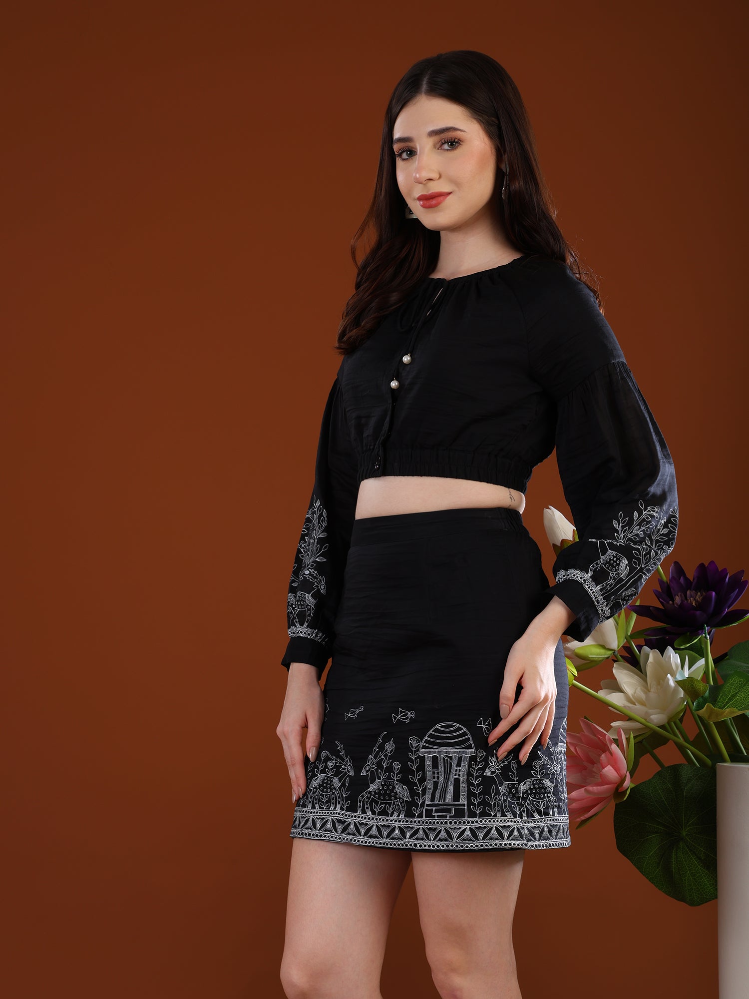 Deer Garden Madhubani black Crop Top