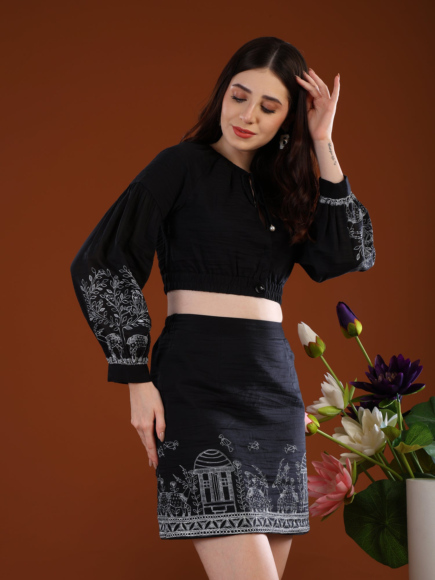 Deer Garden Madhubani black Crop Top