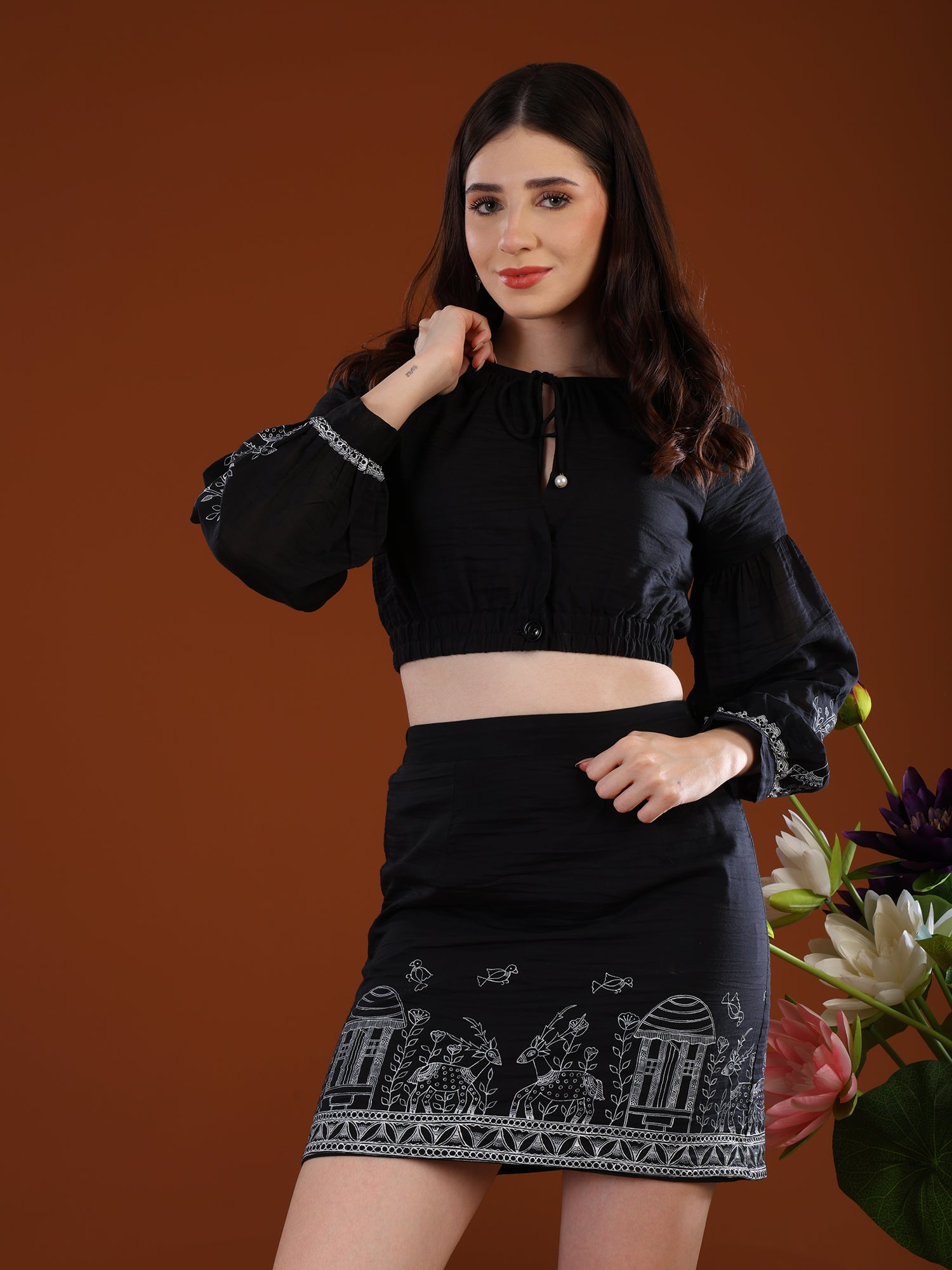 Deer Garden Madhubani black Crop Top
