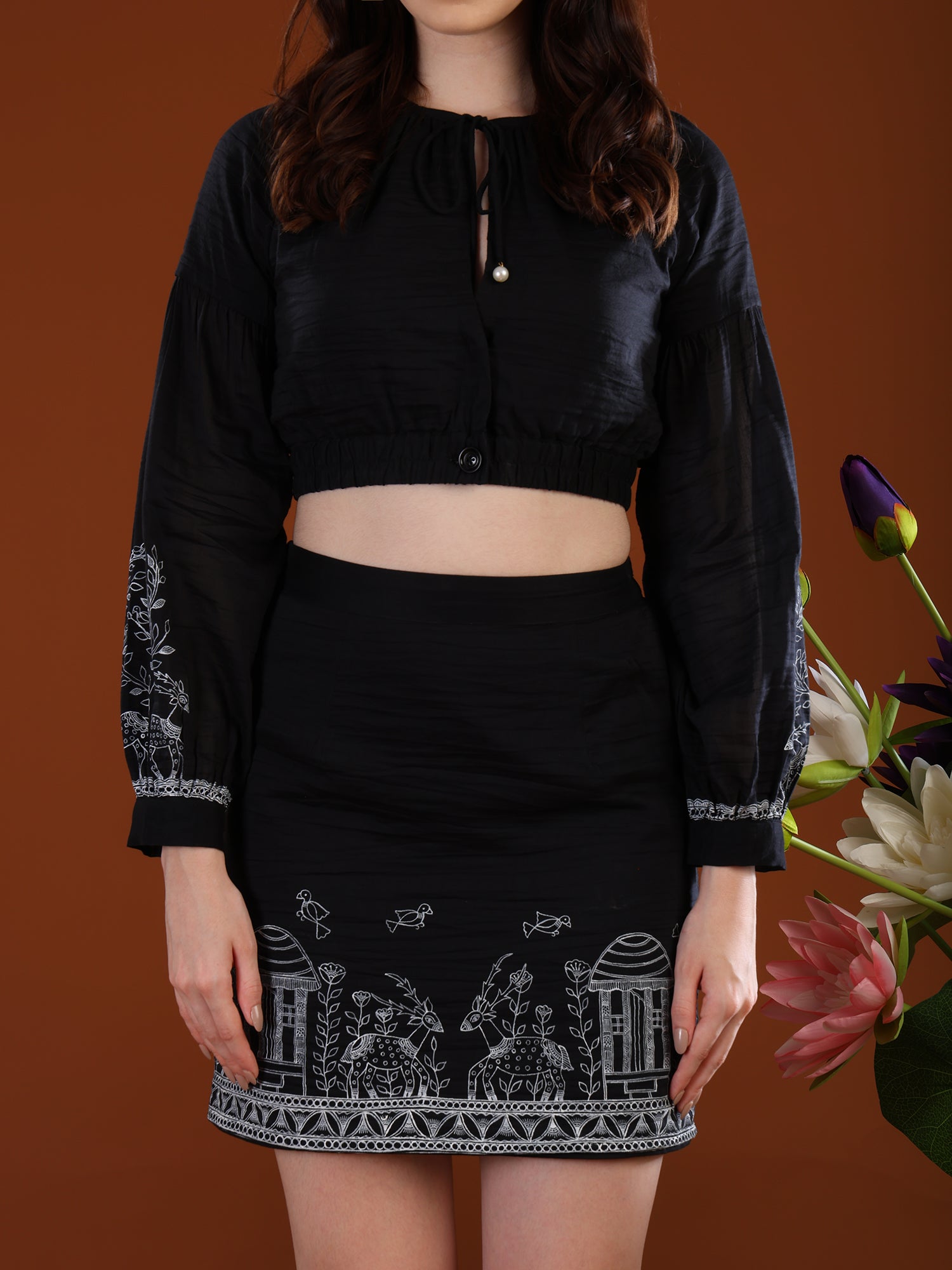 Deer Garden Madhubani black Crop Top