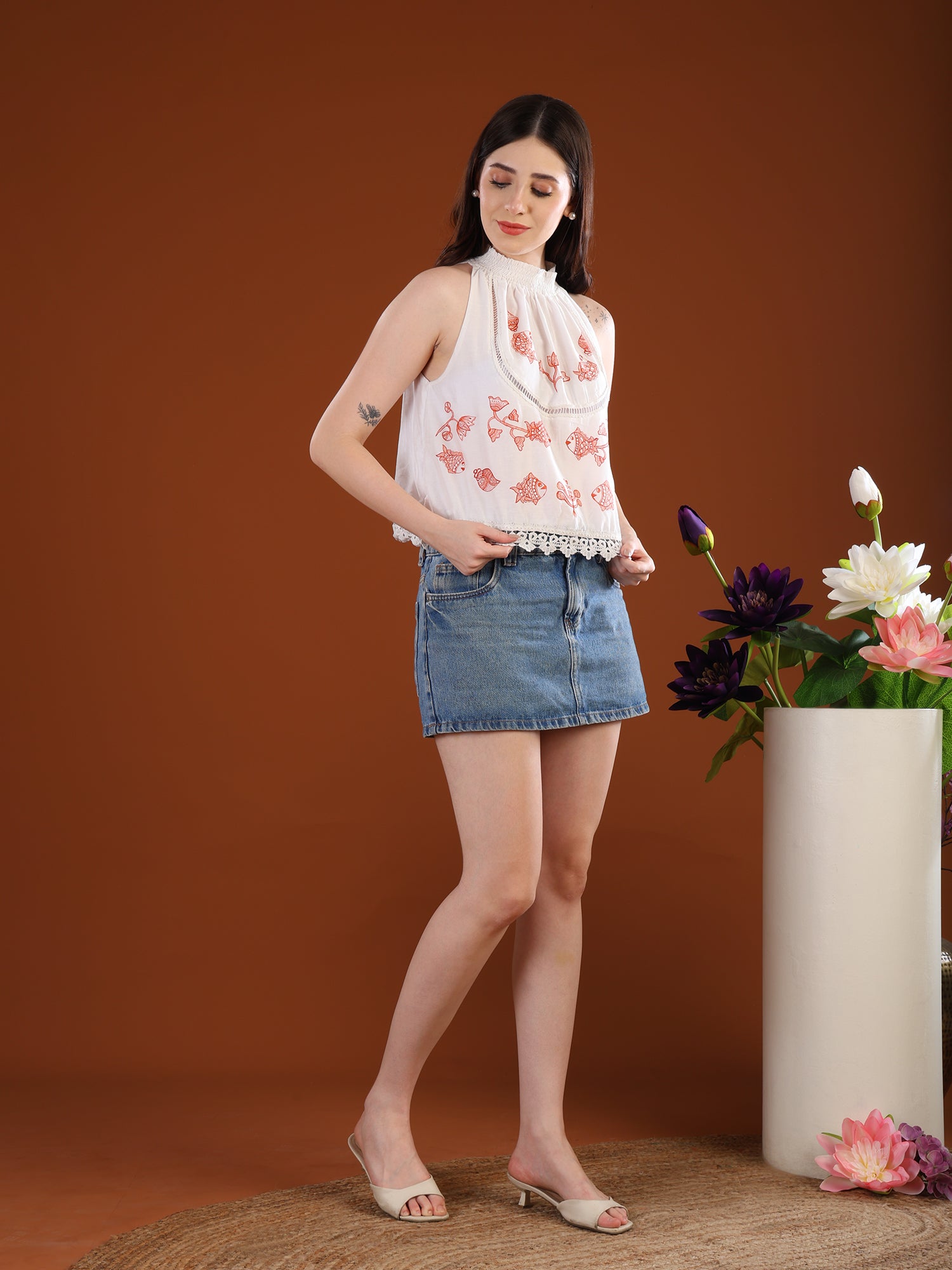 Matsya Tale Madhubani White Halter Neck Top