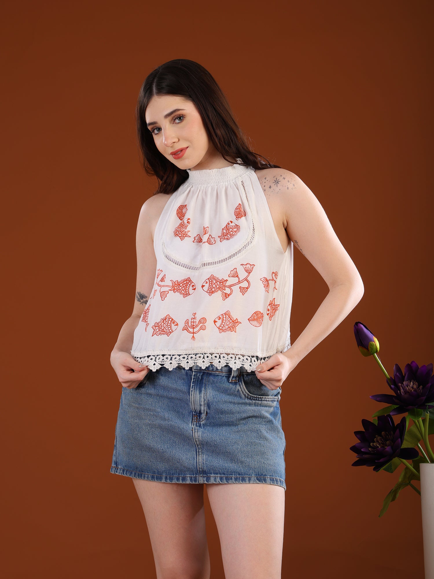 Matsya Tale Madhubani White Halter Neck Top
