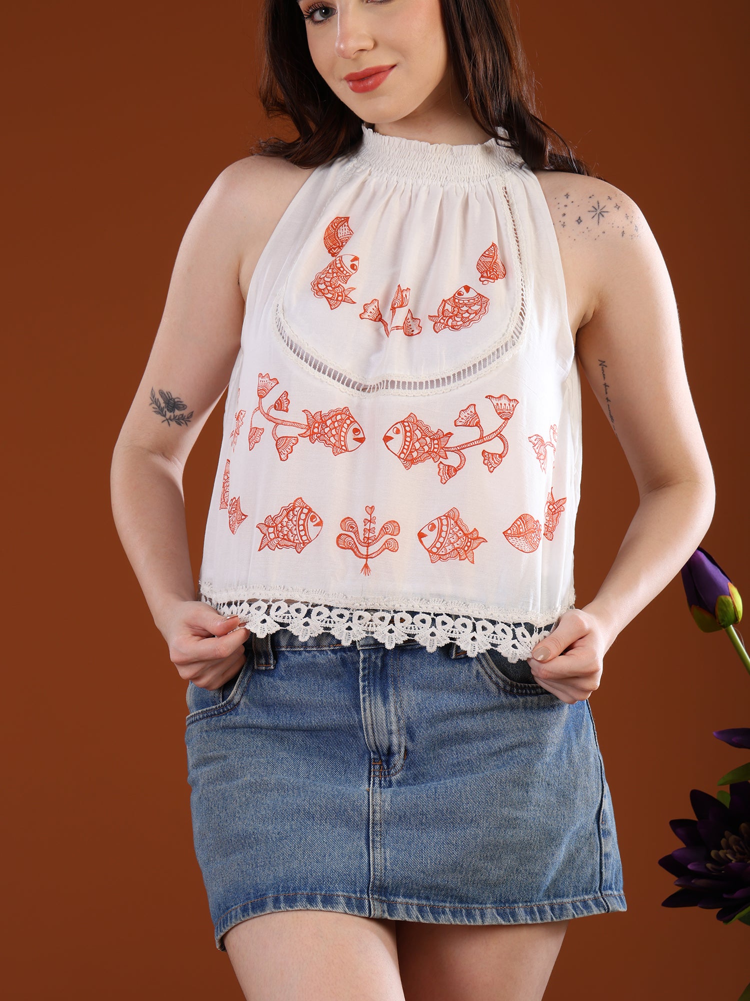 Matsya Tale Madhubani White Halter Neck Top