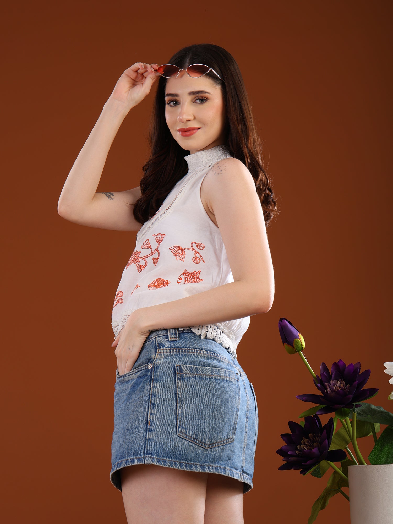 Matsya Tale Madhubani White Halter Neck Top