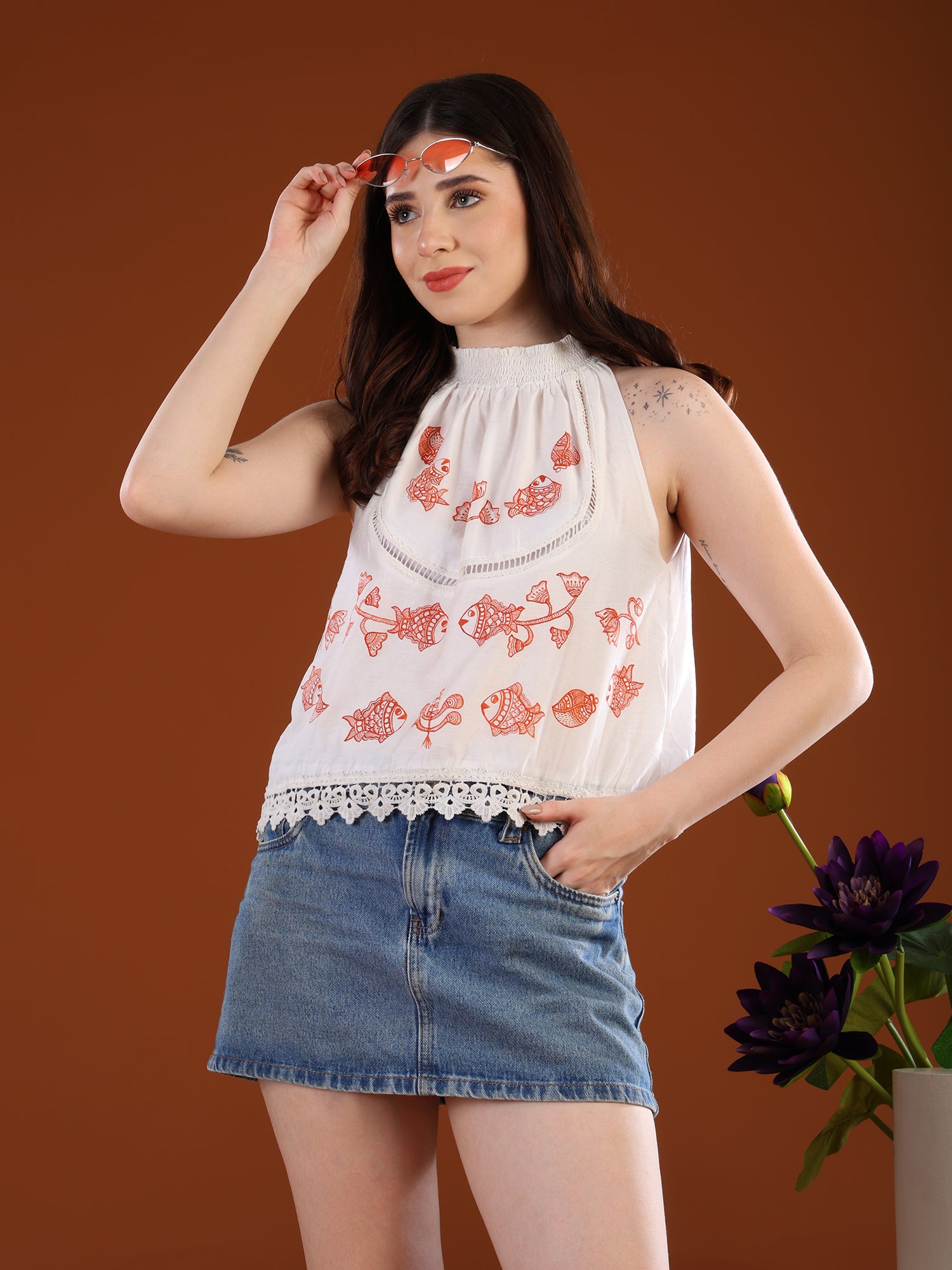 Matsya Tale Madhubani White Halter Neck Top