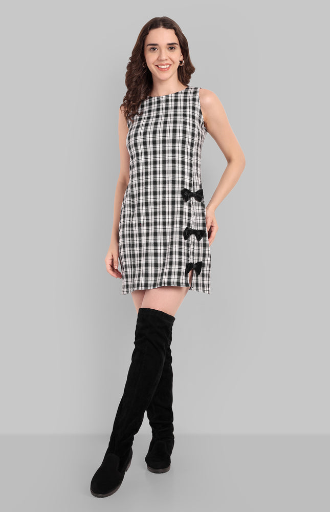 Check Velvet Bow Mini Dress