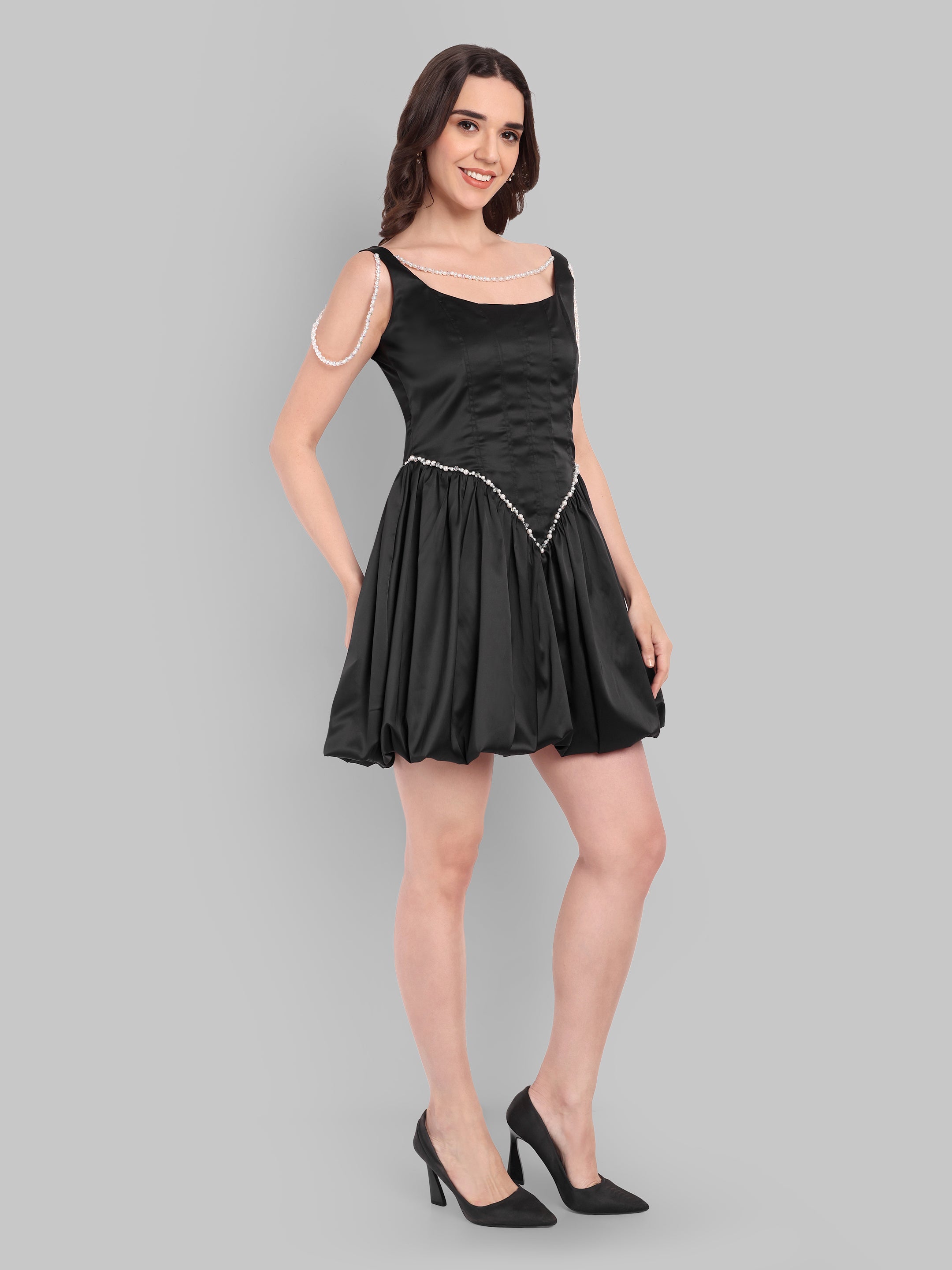 Pearl Trim Satin Party Mini Dress