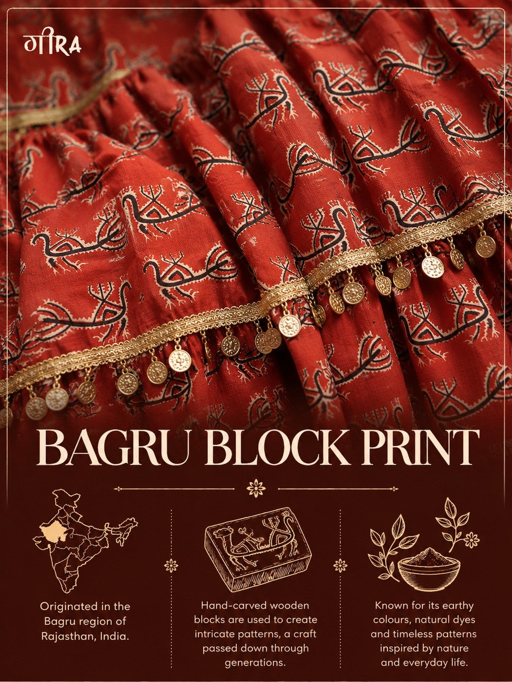 Rust Ruffle Tiered Bagru Print Skirt