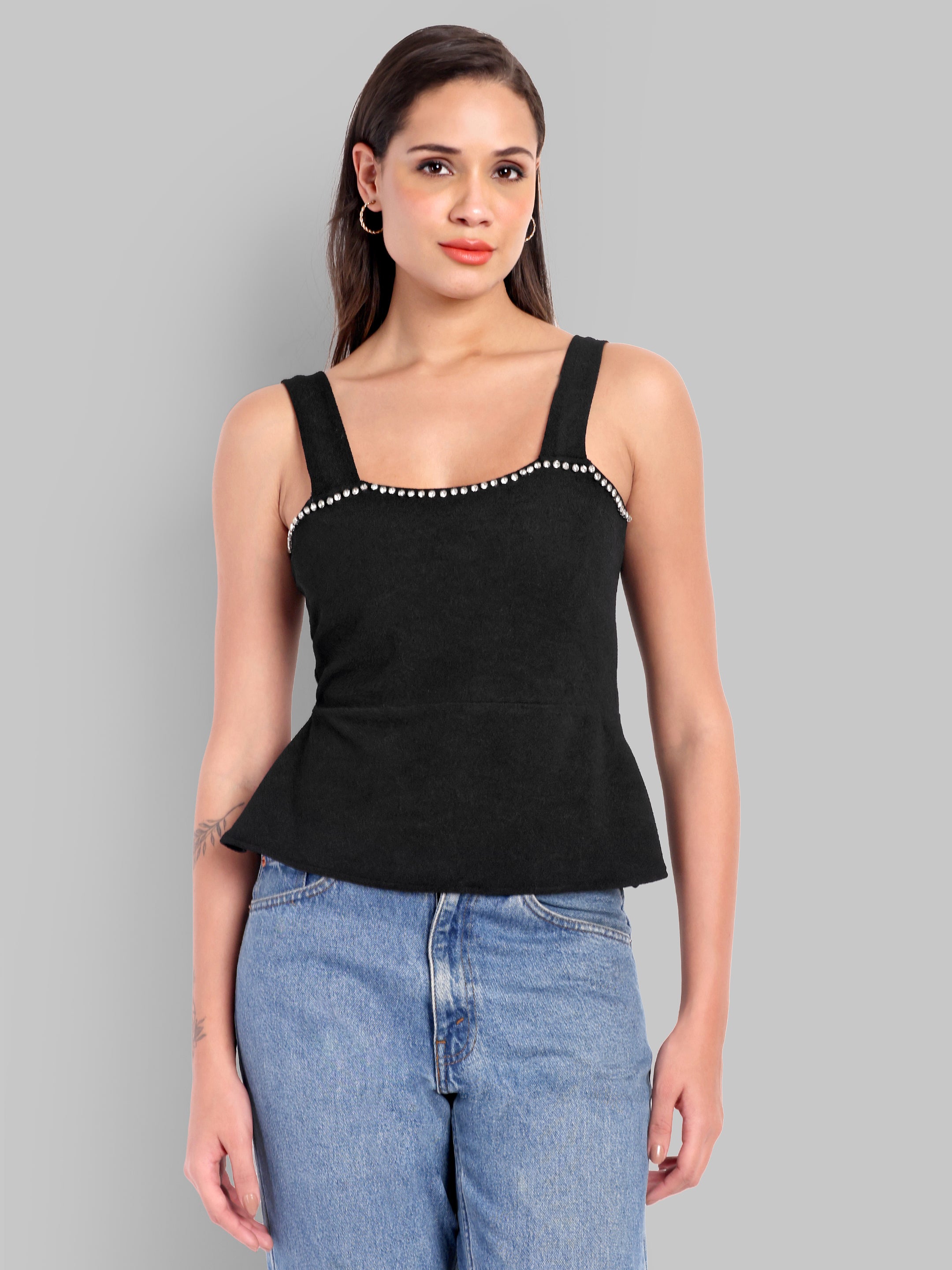 Black Rhinestone Flare Top