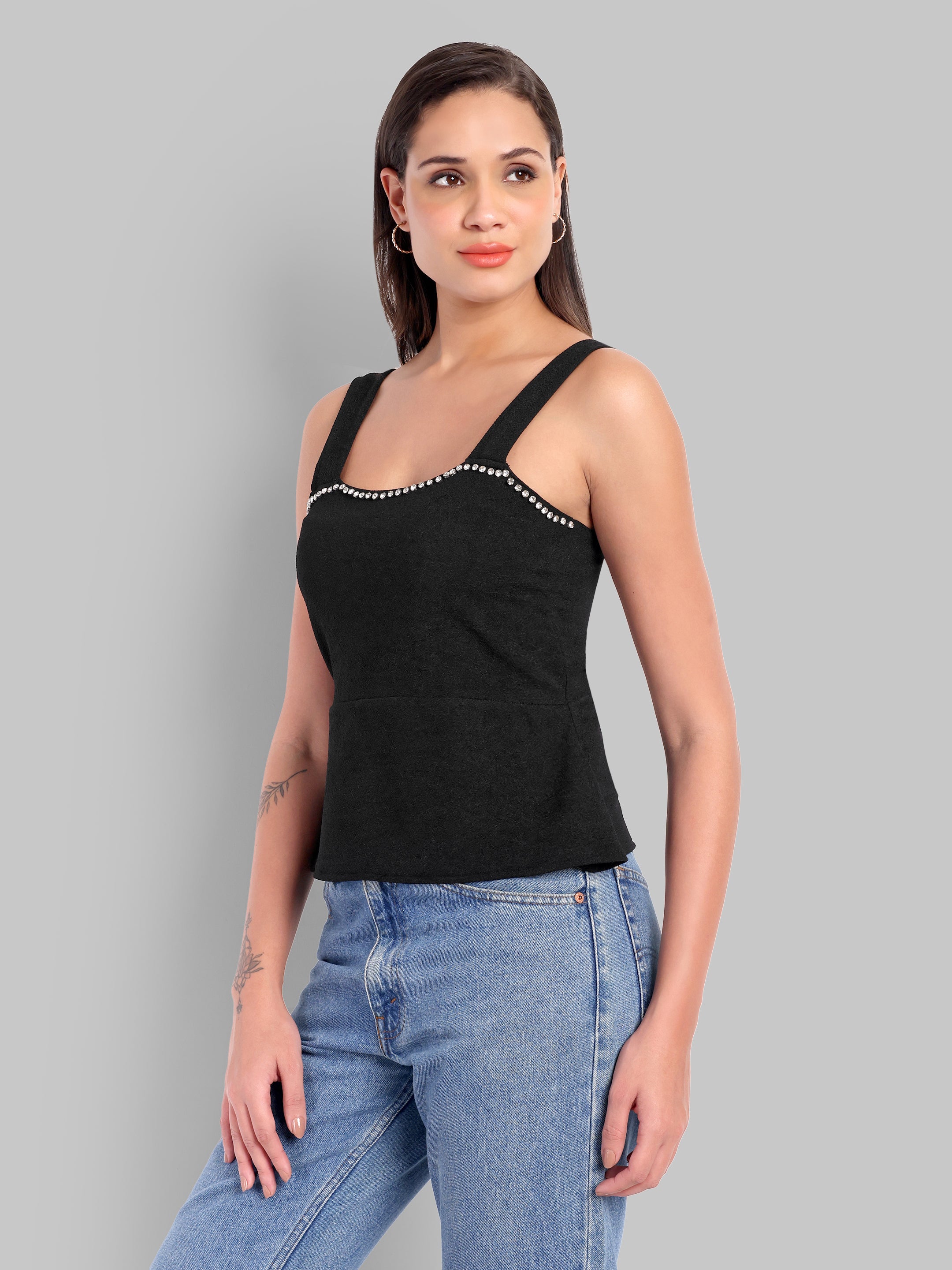 Black Rhinestone Flare Top