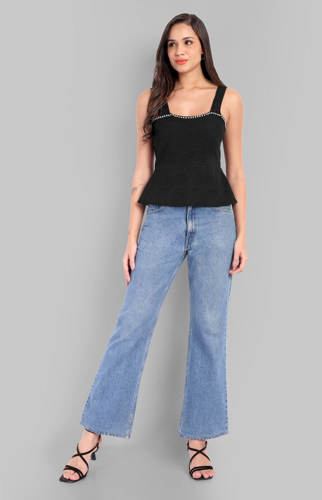 Black Rhinestone Flare Top
