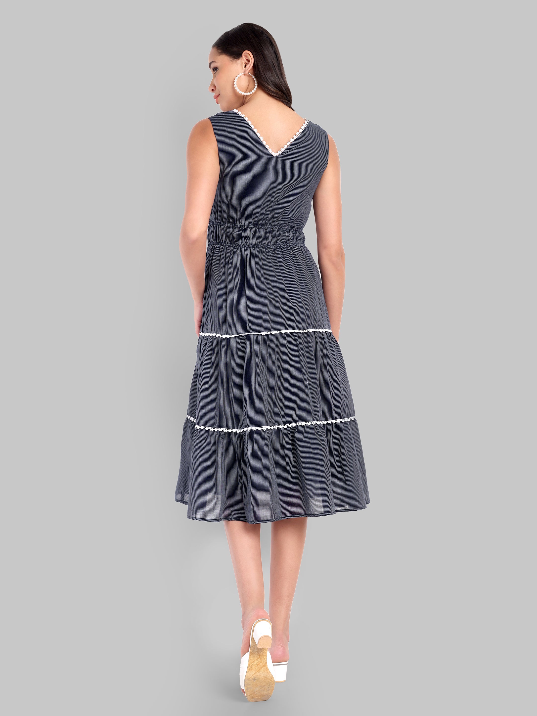 Navy Blue Striped Midi Dress