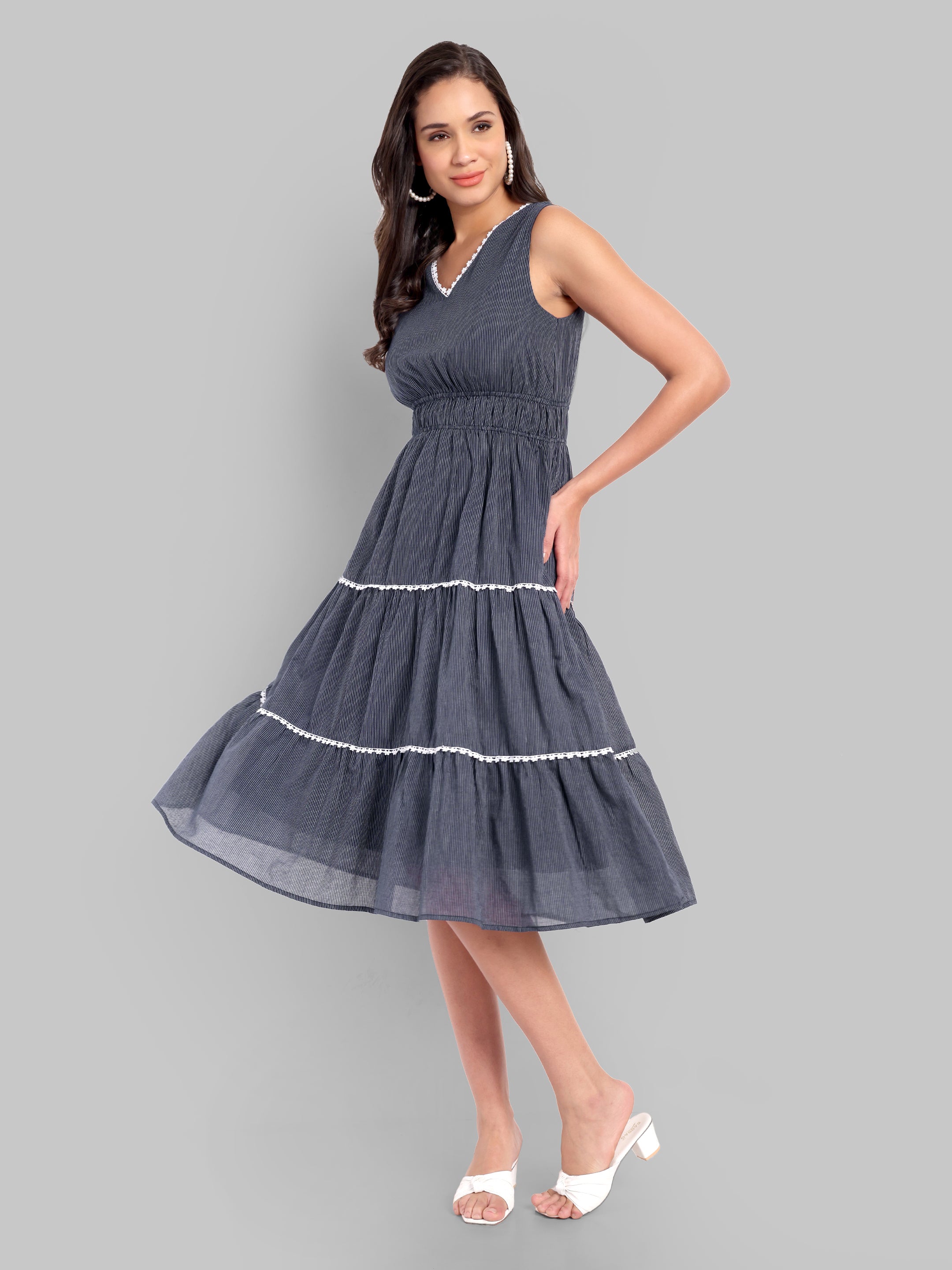 Navy Blue Striped Midi Dress