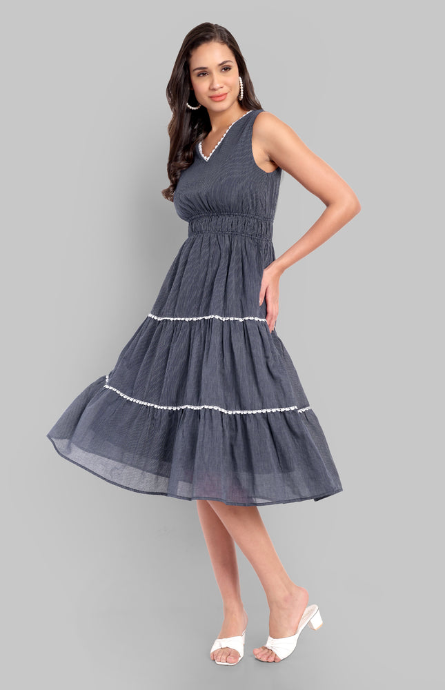 Navy Blue Striped Midi Dress