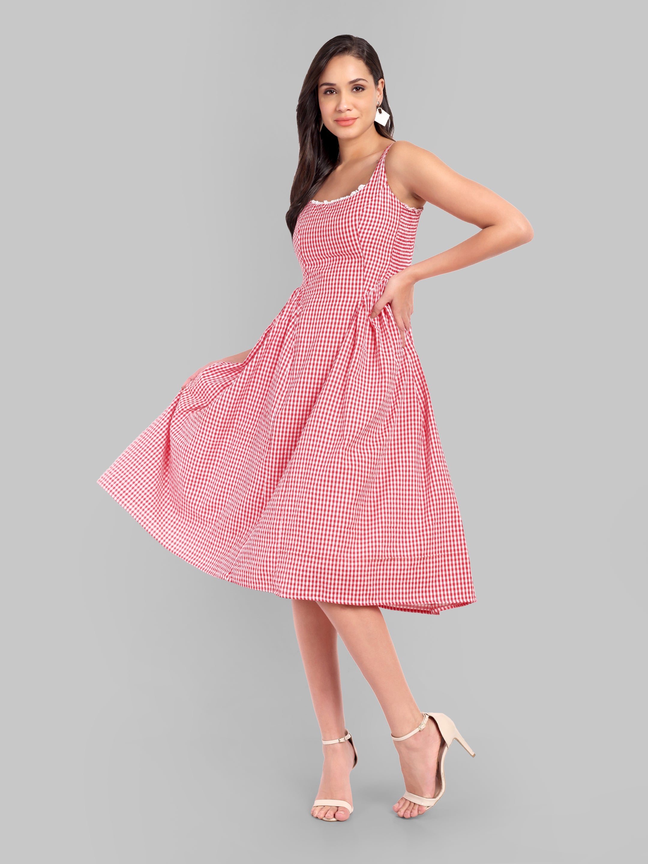 Red Gingham Lace Charm Midi Dress