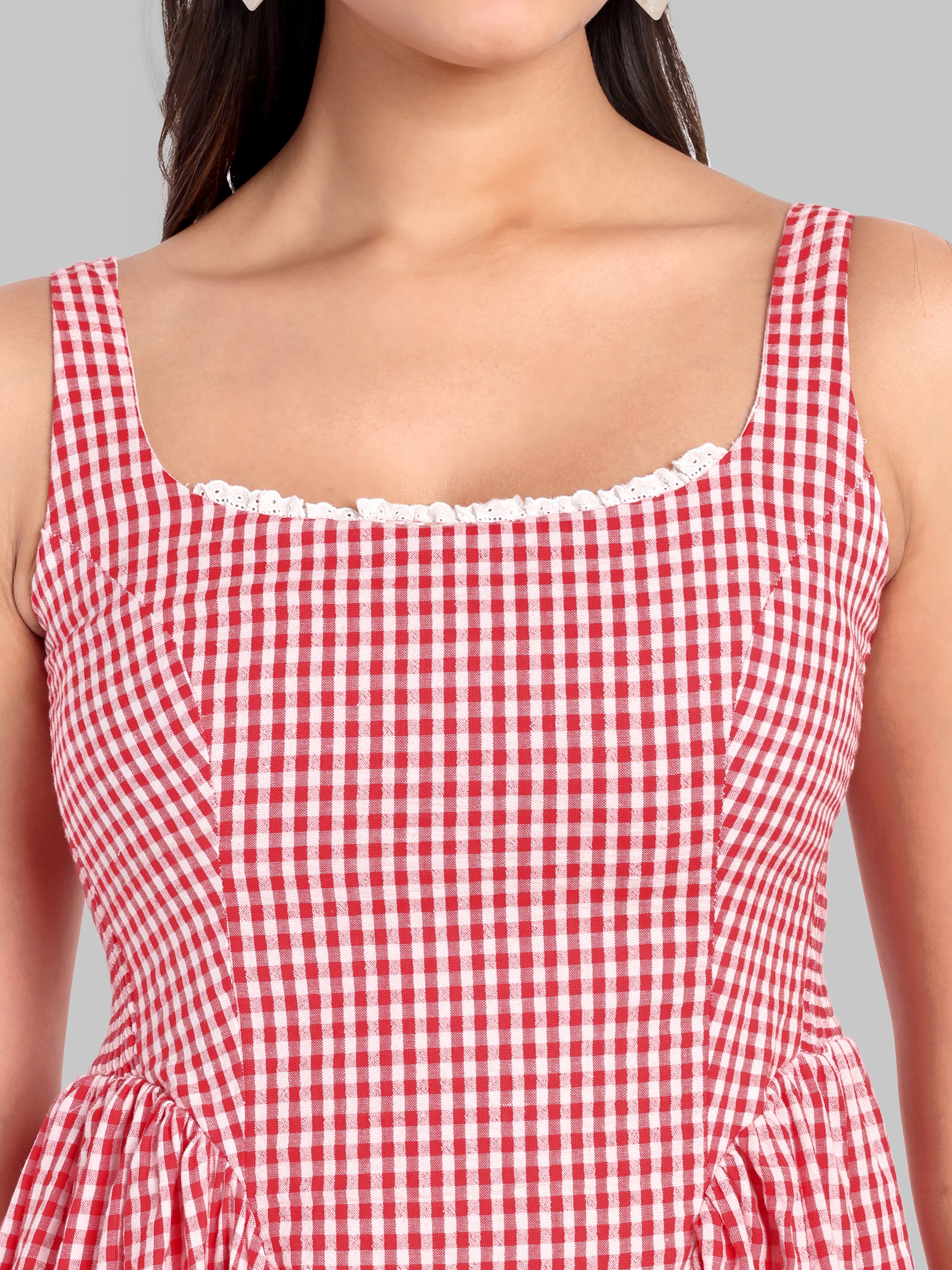 Red Gingham Lace Charm Midi Dress