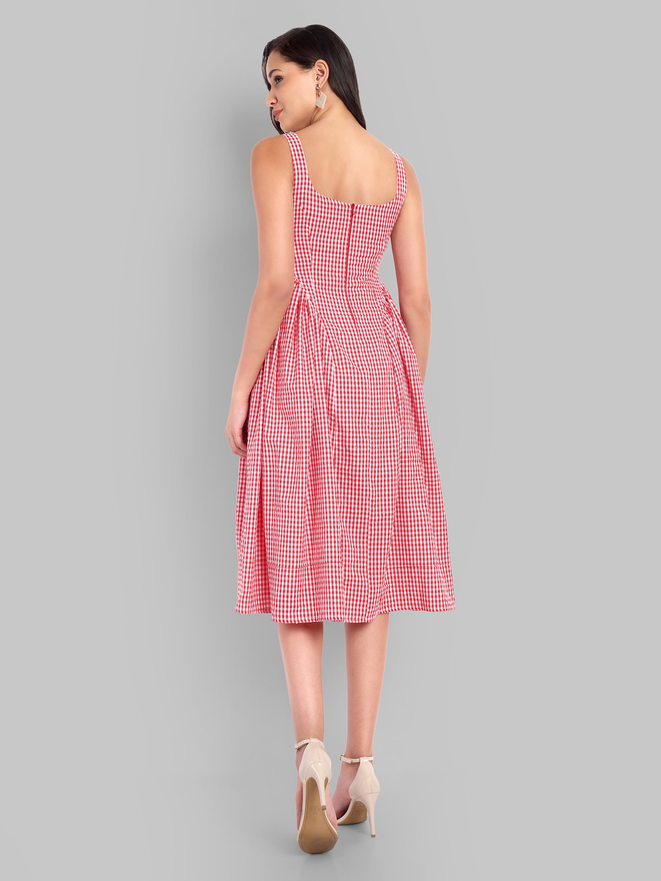 Red Gingham Lace Charm Midi Dress