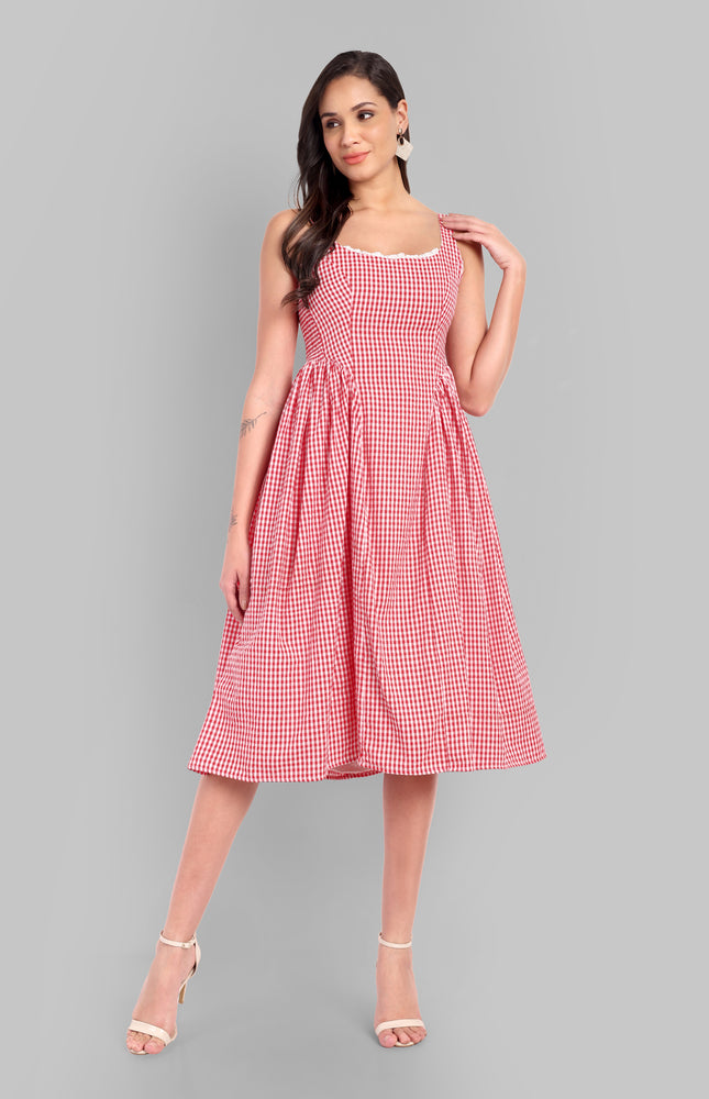 Red Gingham Lace Charm Midi Dress