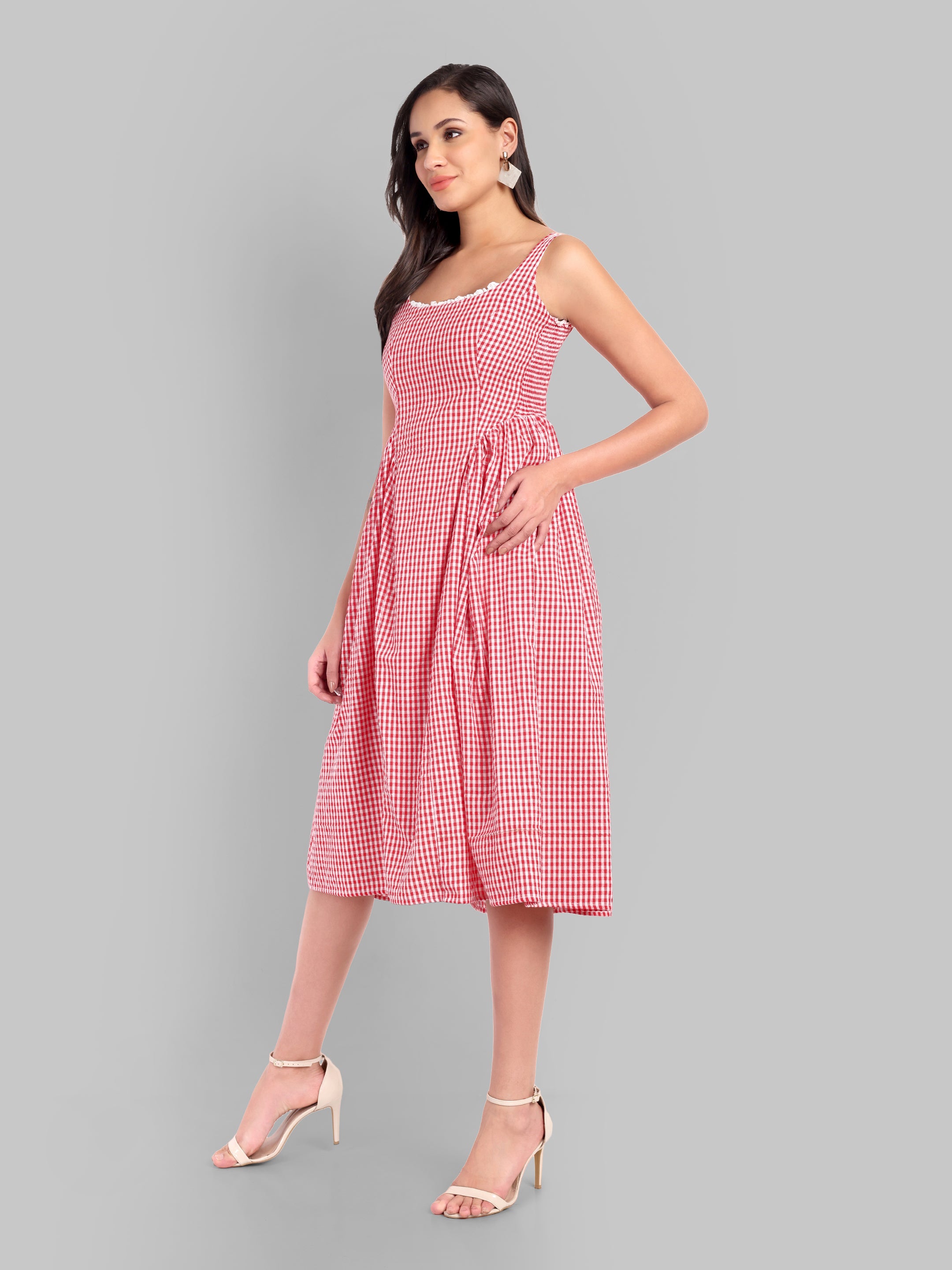 Red Gingham Lace Charm Midi Dress