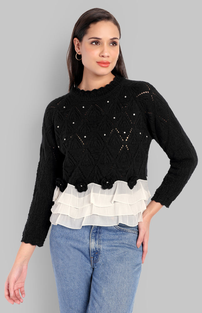 Rhinestone Knit Ruffle Hem Sweater